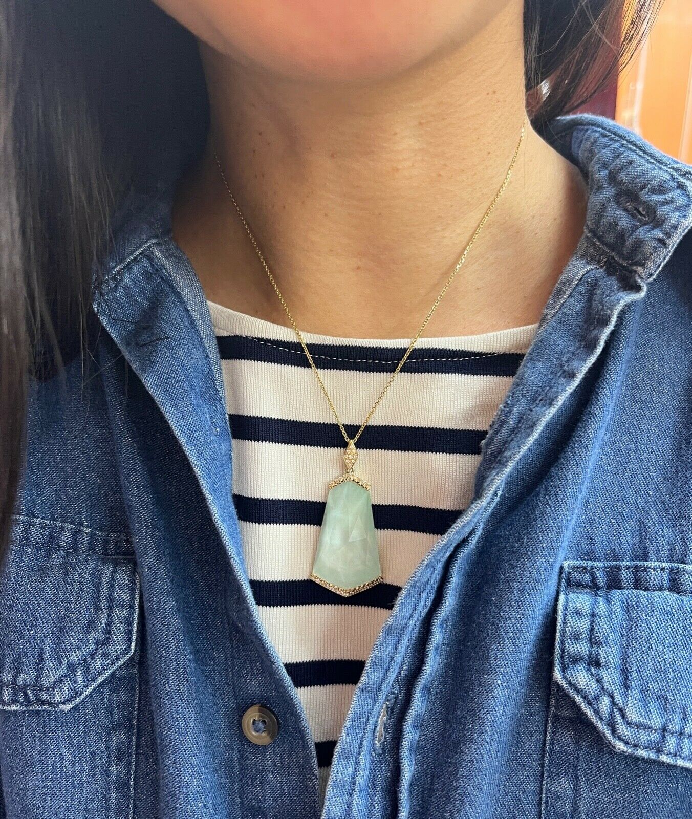 Minimalist 14K Yellow Gold Diamond Rock Crystal Fan Shape Crystal Haze Pendant Necklace