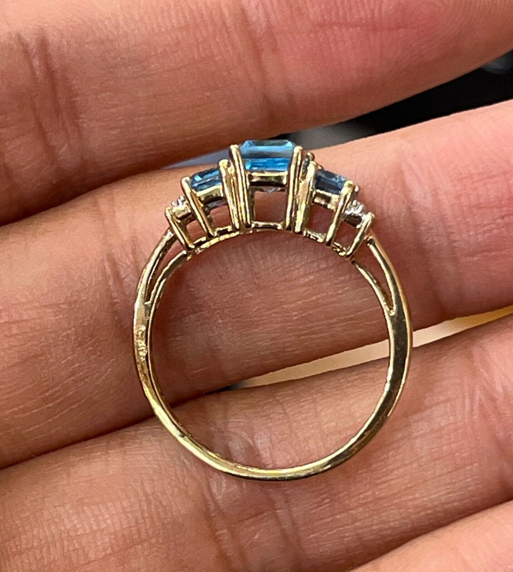 Vintage Blue Topaz & Diamond 10K Yellow Gold Birthstone Ring, Engagement Ring.