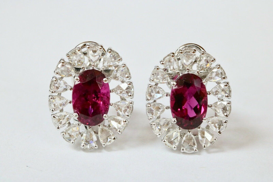 Pink Tourmaline Rose Cut Diamonds 18K White Gold Earrings