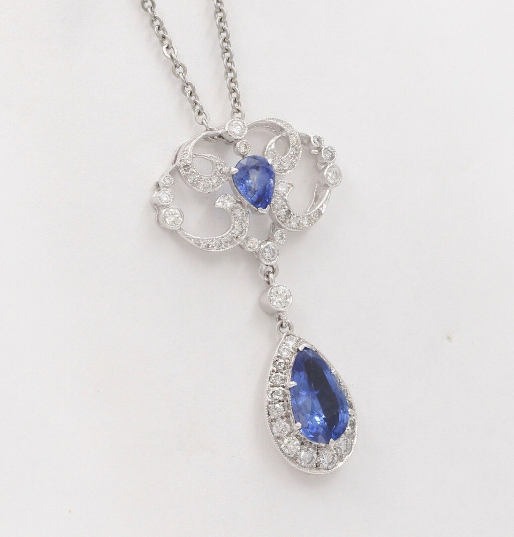Elegant Blue Sapphires Diamonds 18K White Gold Pendant