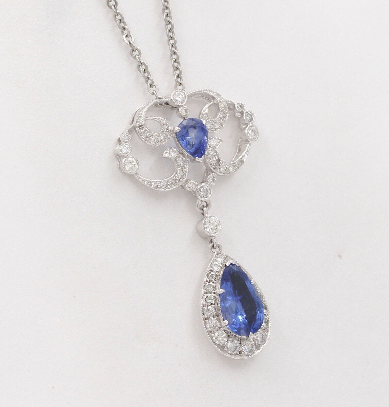 Elegant Blue Sapphires Diamonds 18K White Gold Pendant