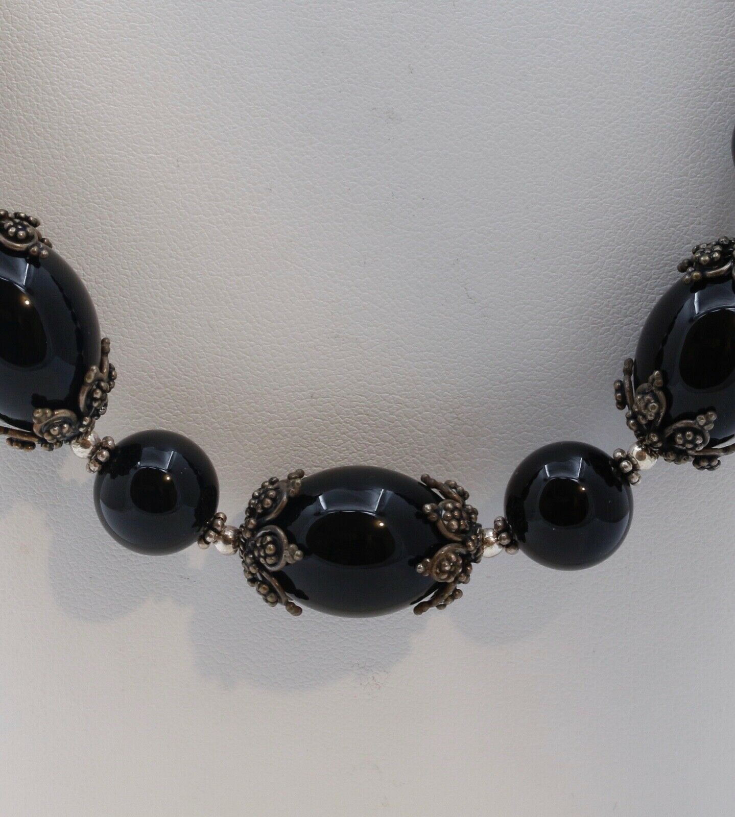 Meran Large Black Onyx Bead and 925 Sterling Silver Vintage Necklace