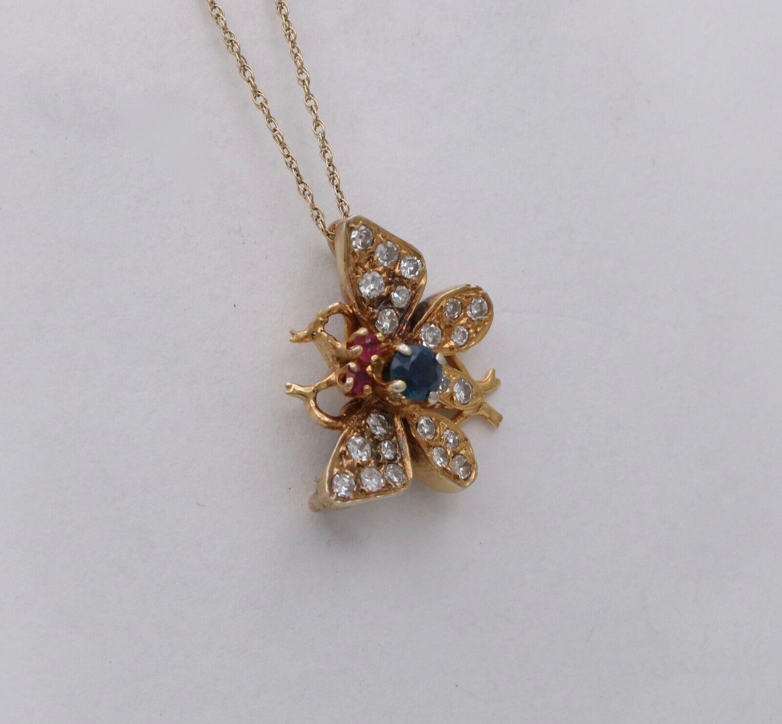 Vintage Butterfly Sapphire Ruby Diamond 14K Yellow Gold Brooch Pin