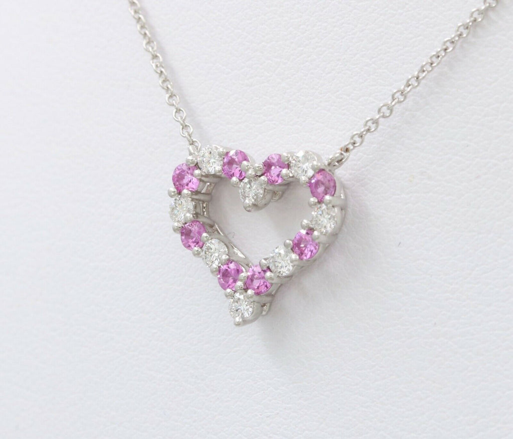 Tiffany and Co. Heart Pendant and Chain Diamonds Pink Sapphires Platinum