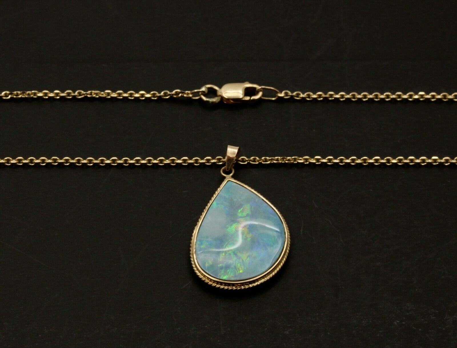 Vintage Drop Shape Boulder Opal 14K Yellow Gold Pendant, Necklace.
