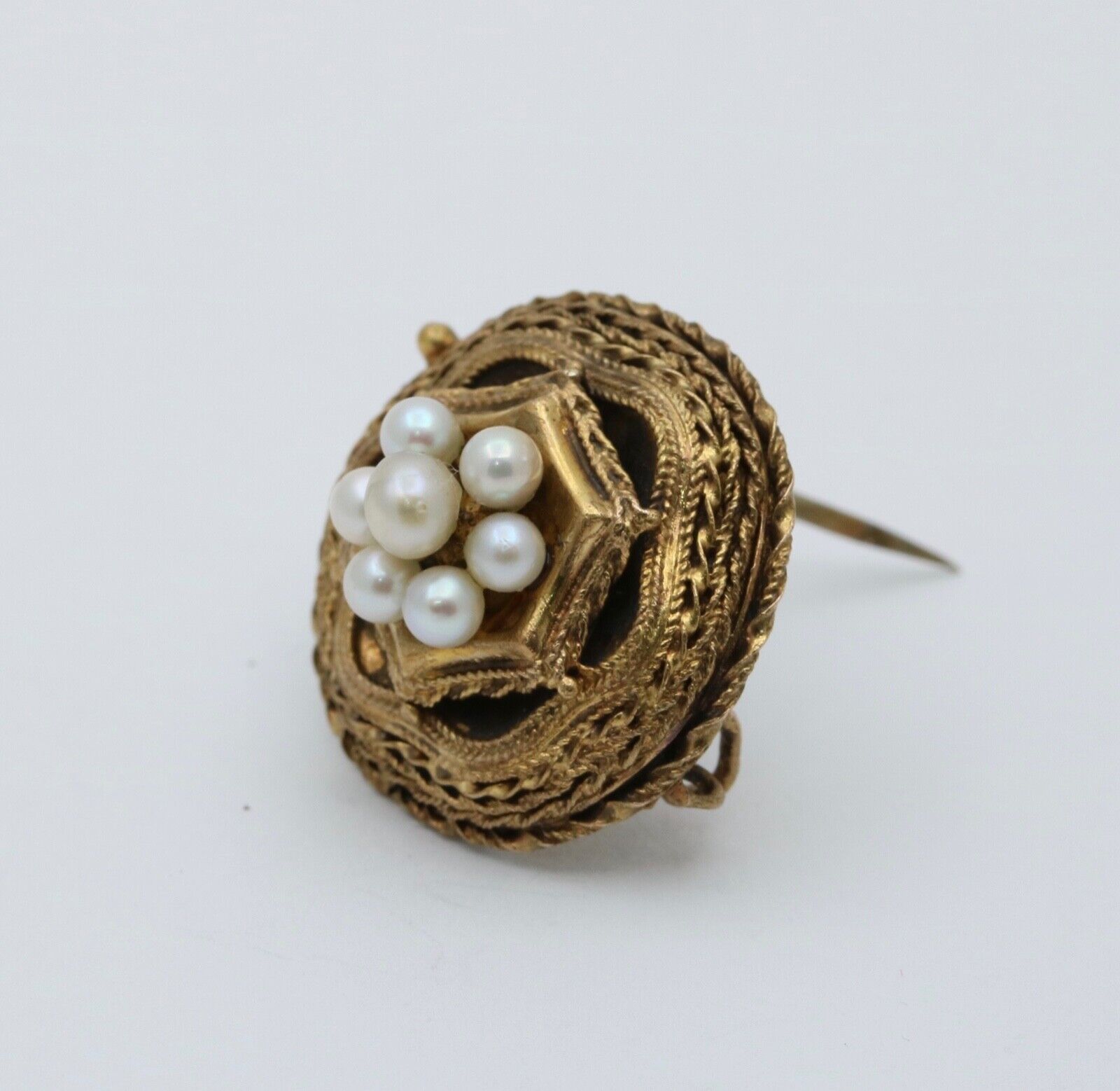 Antique Etrascan Revival 14K Yellow Gold Pearl Brooch.