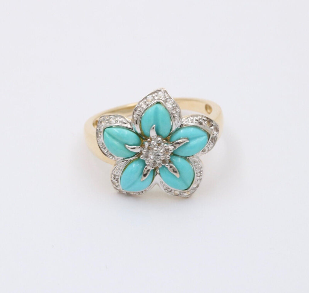 Vintage 18K Yellow Gold Turquoise & Diamond Flower RIng , Cocktail Ring