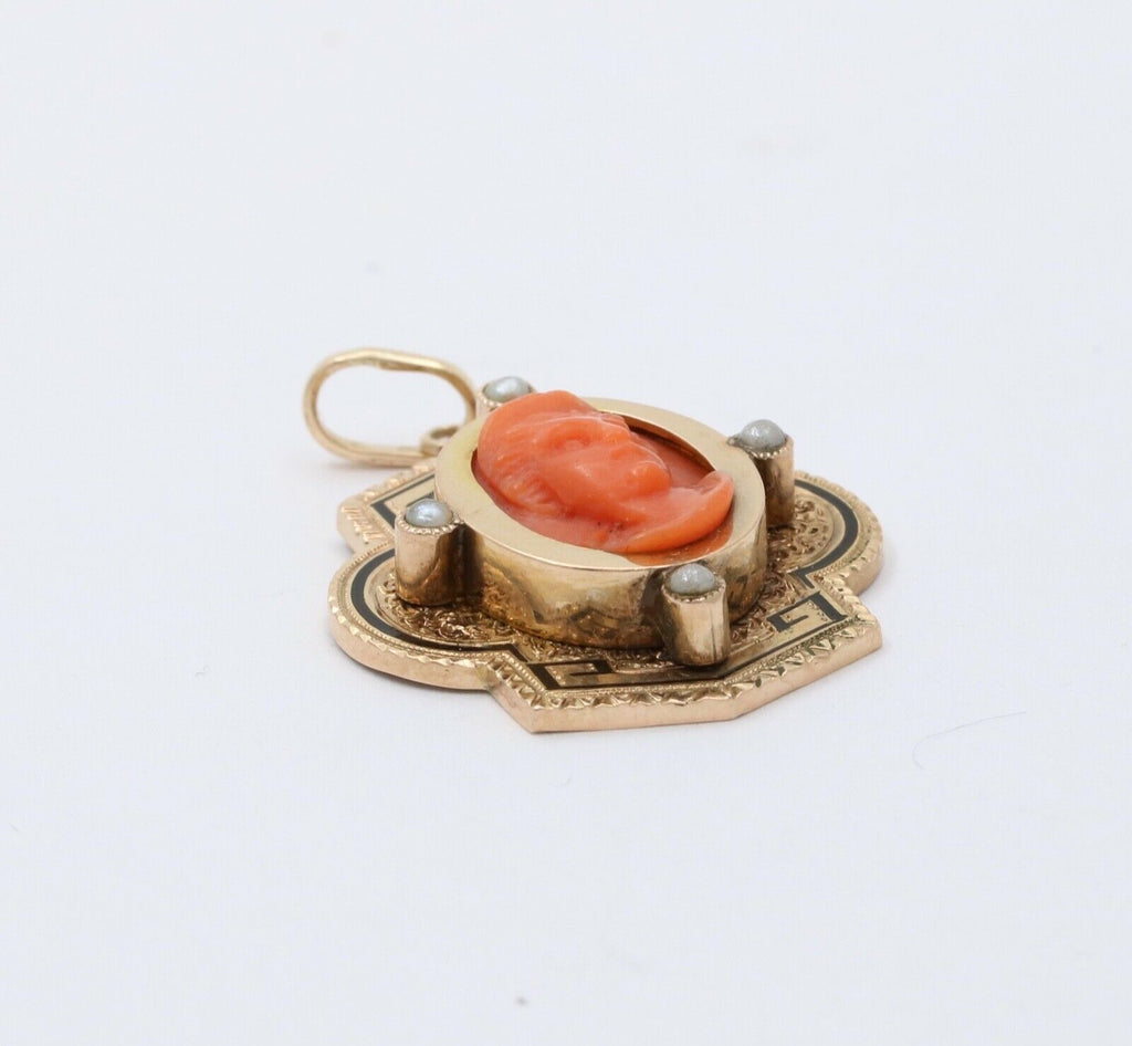 Victorian Coral Portrait Seed Pearls Enamel 14K Yellow Gold Pendant
