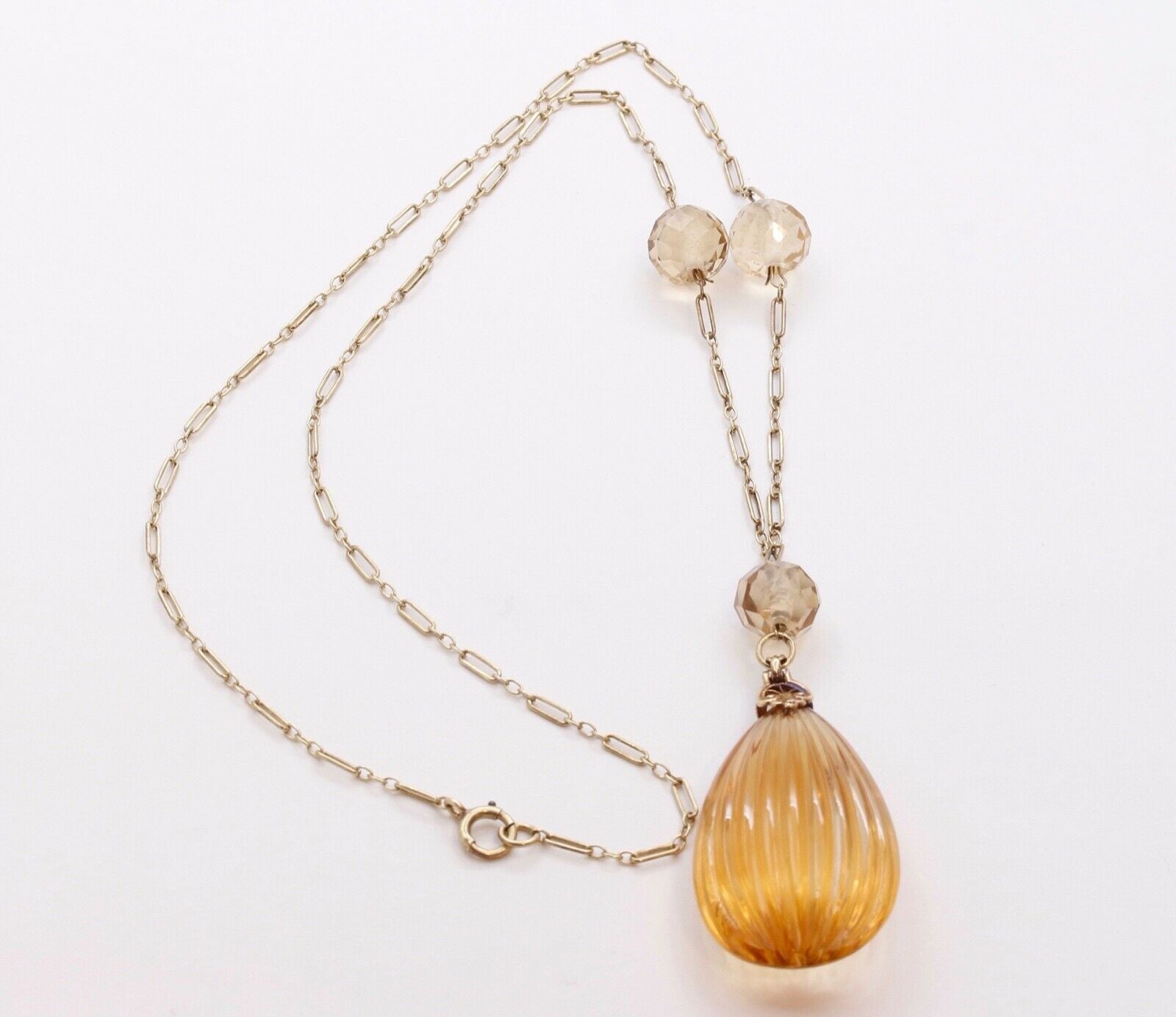 Edwardian Teardrop Citrine 14K Yellow Gold Pendant and Chain