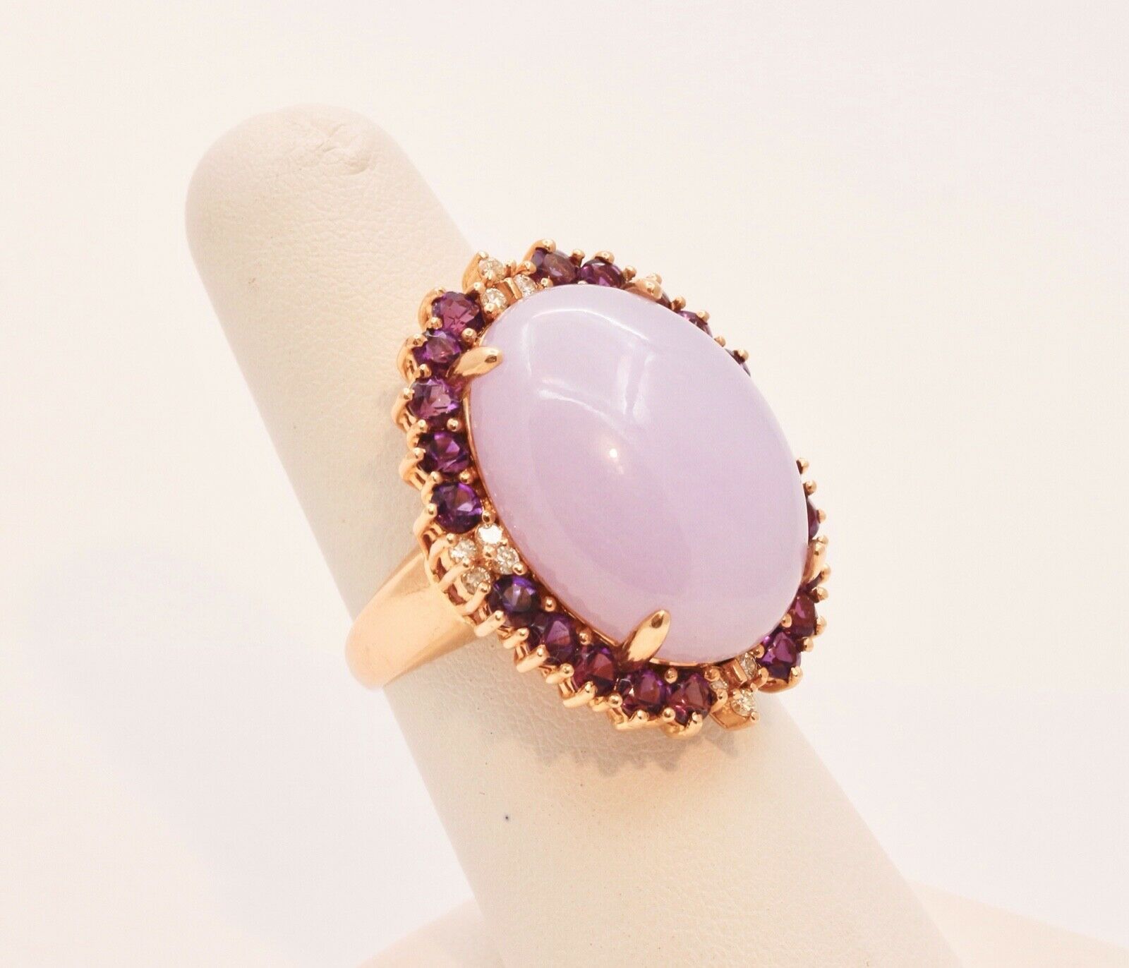 Vintage Statement Lavender Jade Amethyst Diamonds 14K Yellow Gold Ring