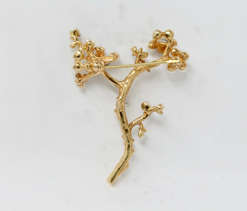 Vintage 14K Yellow Gold Pearl Branch Brooch