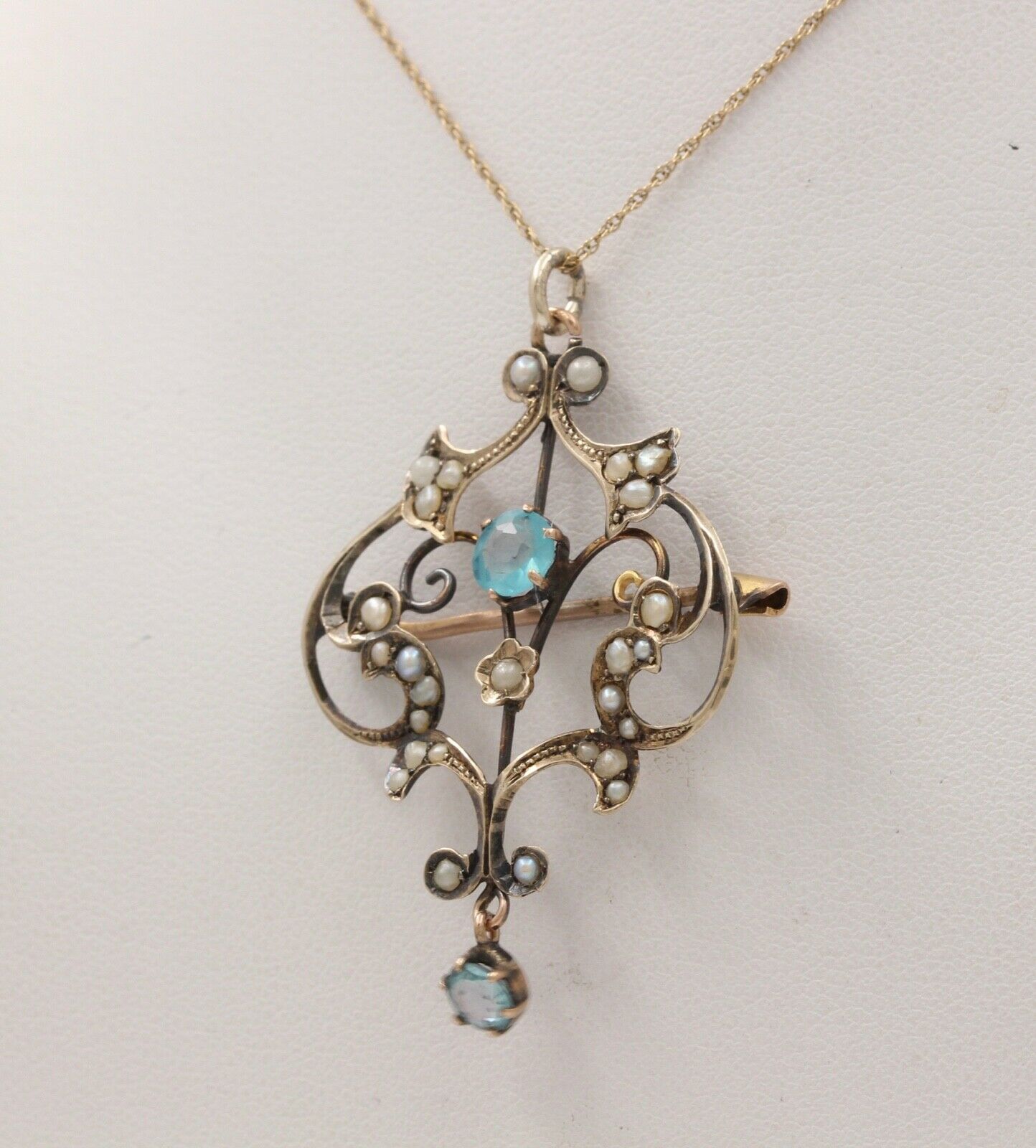Art Nouveau 10K Yellow Gold Blue Zircon Seed Pearls Pendant Brooch