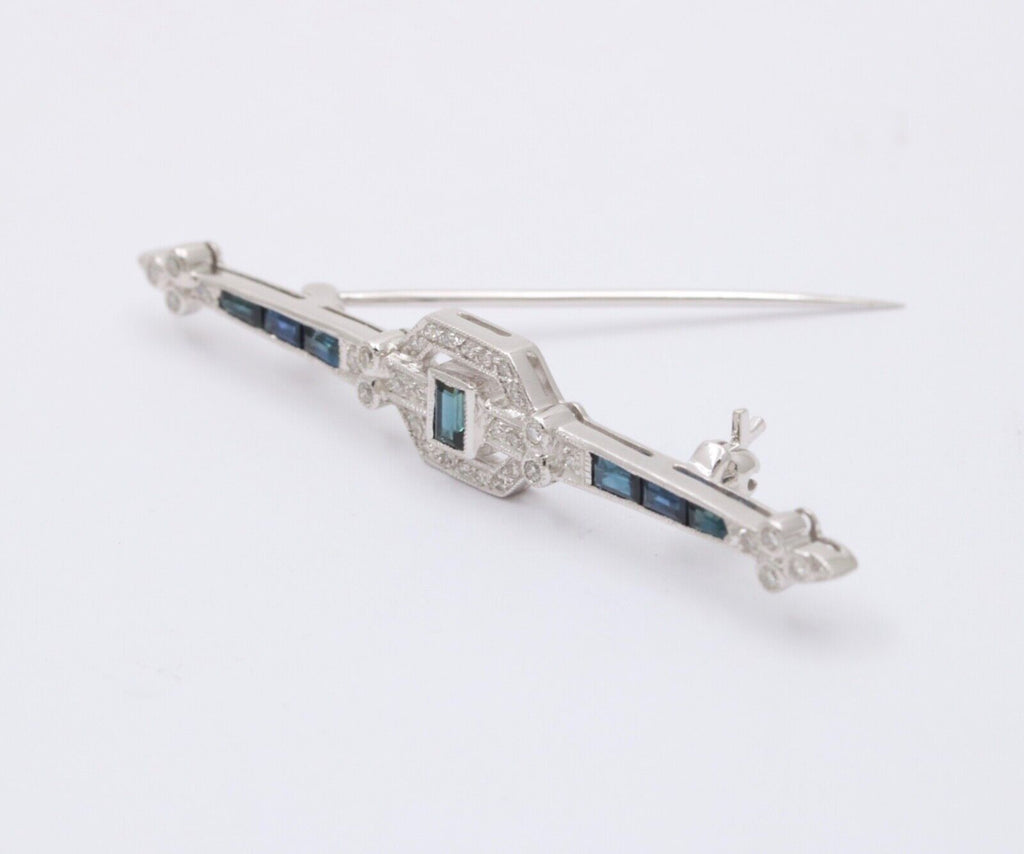 Vintage Art Deco Style 18K White Gold Diamond and Sapphire Bar pin, Brooch