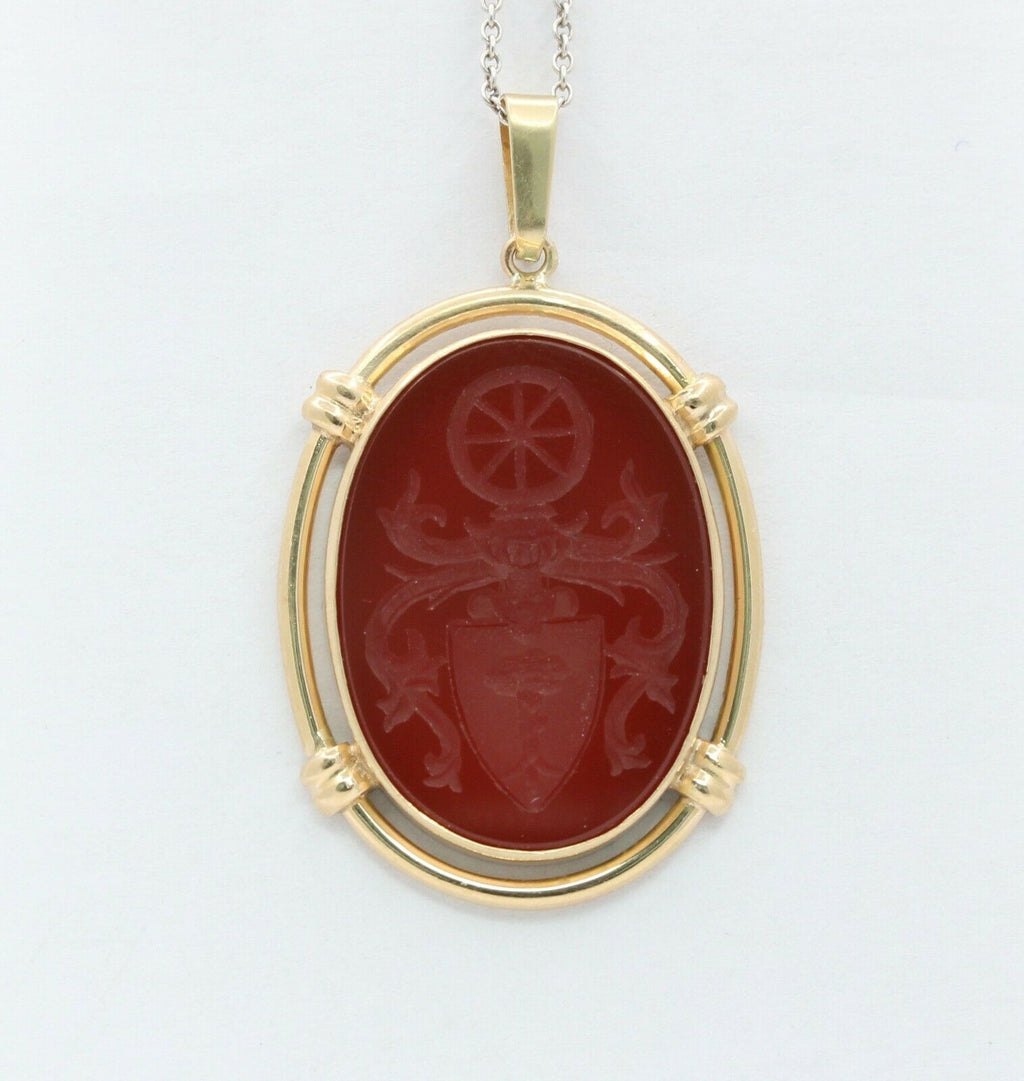 Vintage 14K Yellow Gold Carved Sigil Carnelian Chalcedony Pendant