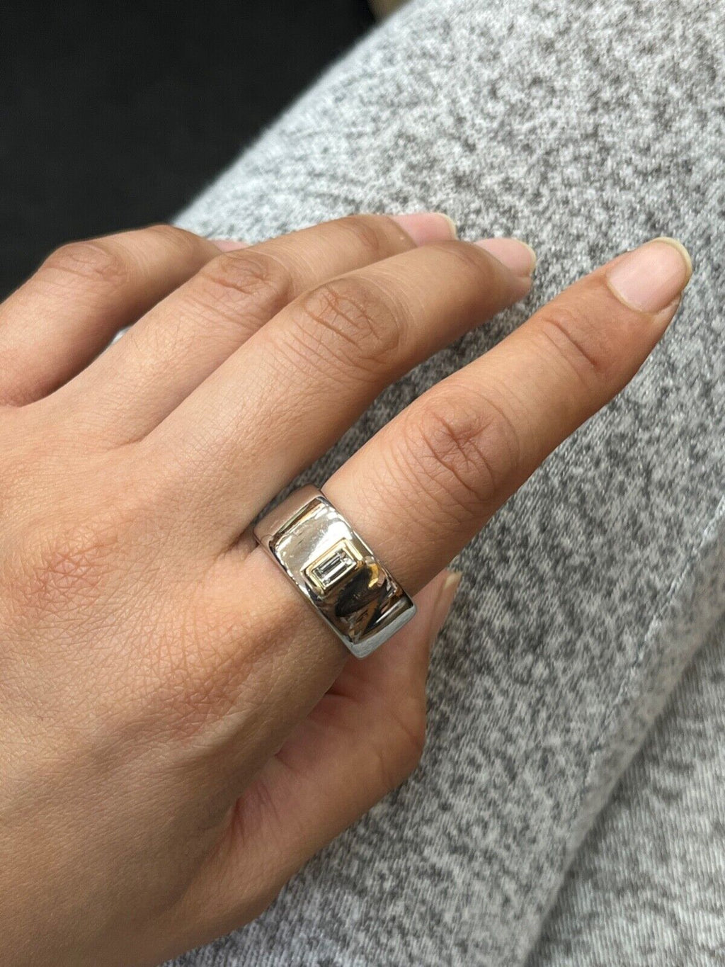 Funky 18K Gold Step Cut Baguette Diamond Wide Cigar Band, Stacking Ring.