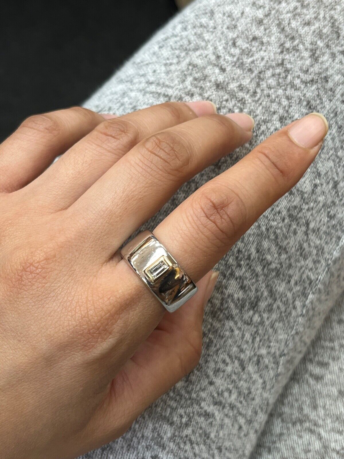 Funky 18K Gold Step Cut Baguette Diamond Wide Cigar Band, Stacking Ring.