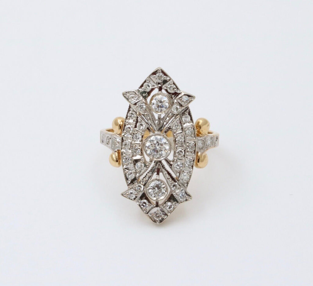 Vintage Russian Navette Diamonds 18K Yellow White Gold Ring