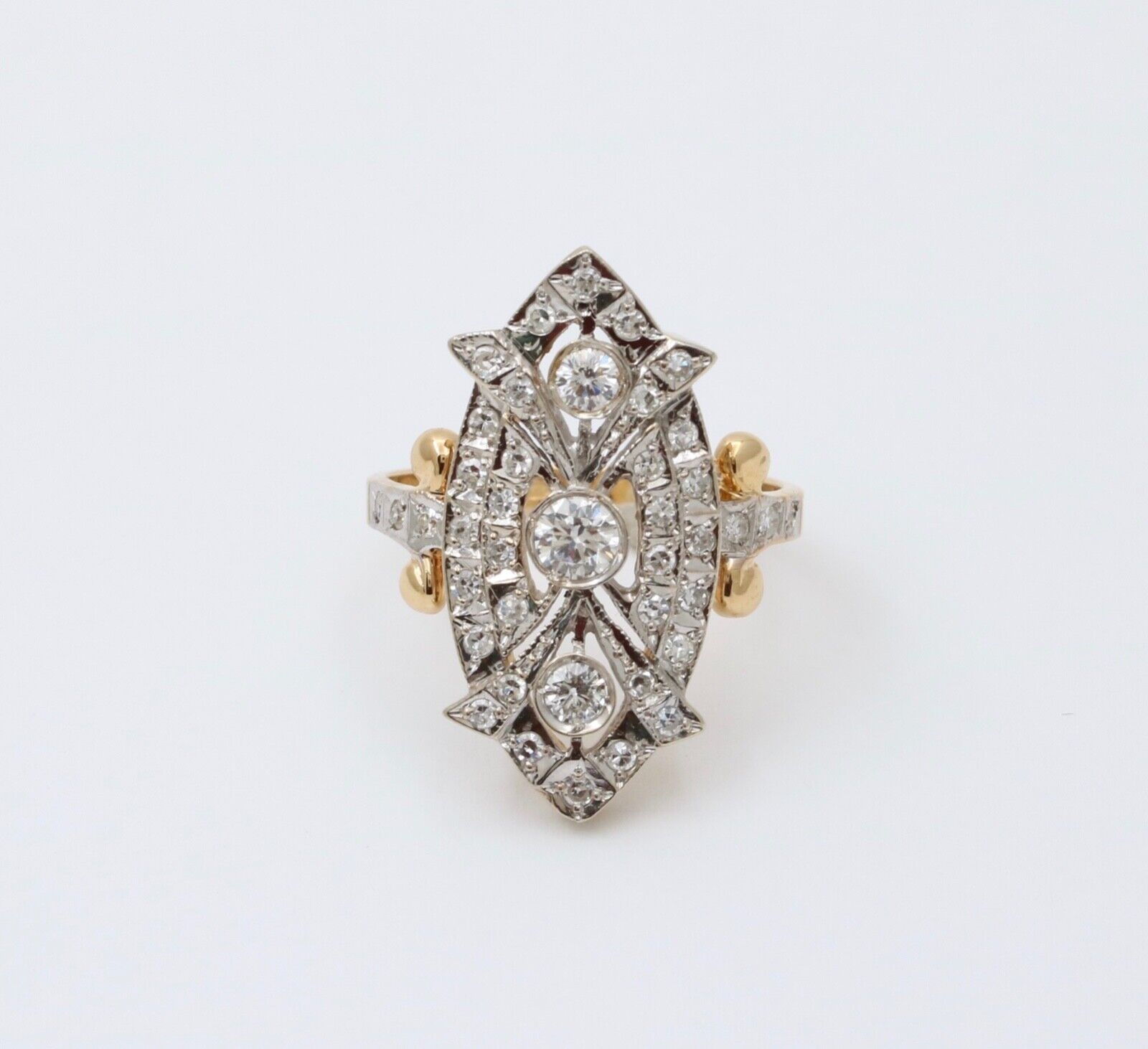 Vintage Russian Navette Diamonds 18K Yellow White Gold Ring