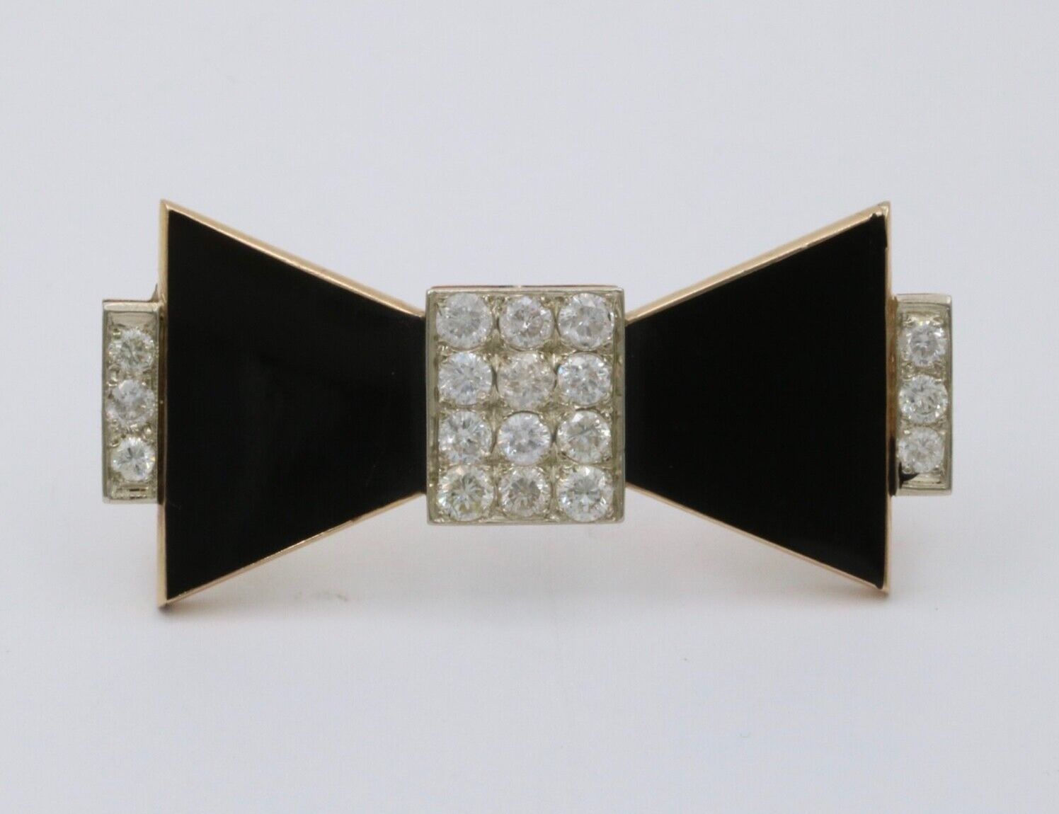 Vintage 14K Yellow Gold Onyx & Diamond Bow Tie Brooch.