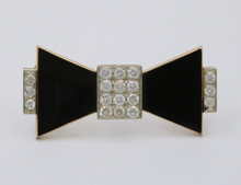 Load image into Gallery viewer, Vintage 14K Yellow Gold Onyx &amp; Diamond Bow Tie Brooch.
