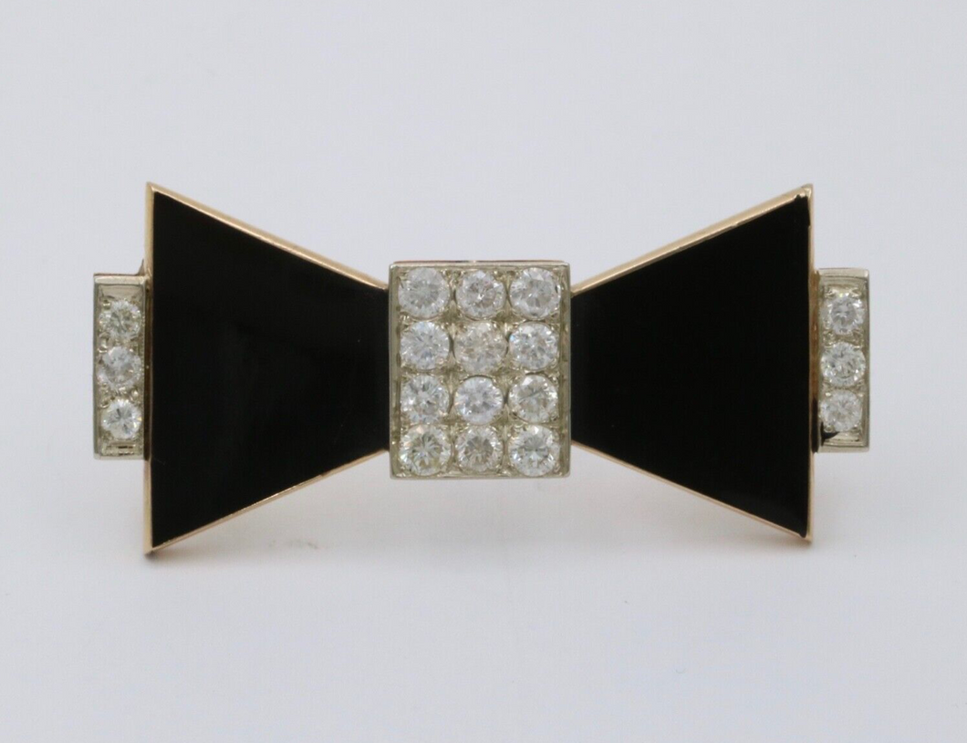 Vintage 14K Yellow Gold Onyx & Diamond Bow Tie Brooch.