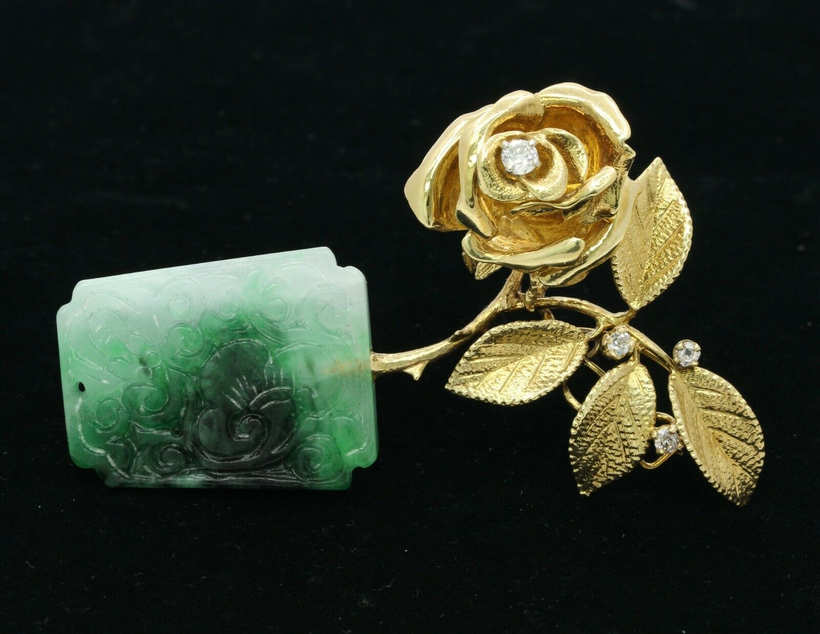Vintage Heavy Custom Made 18K Yellow Gold Diamond Jade Rose Flower Pot Brooch