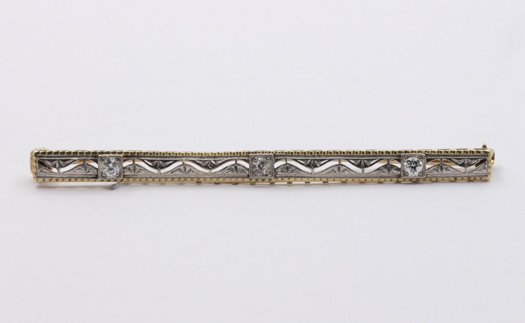 Art Deco 14K White Yellow Gold Diamonds Bar Brooch Pin