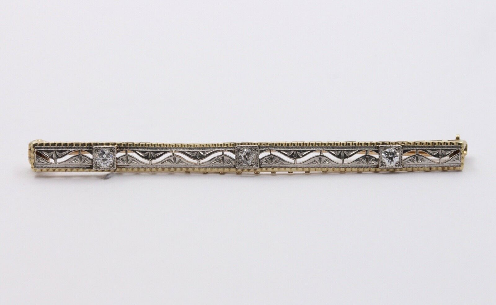 Art Deco 14K White Yellow Gold Diamonds Bar Brooch Pin