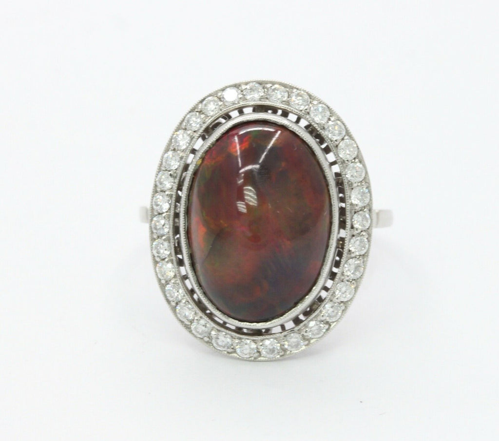 Vintage Ladies Cabochon Opal Diamonds Platinum Ring