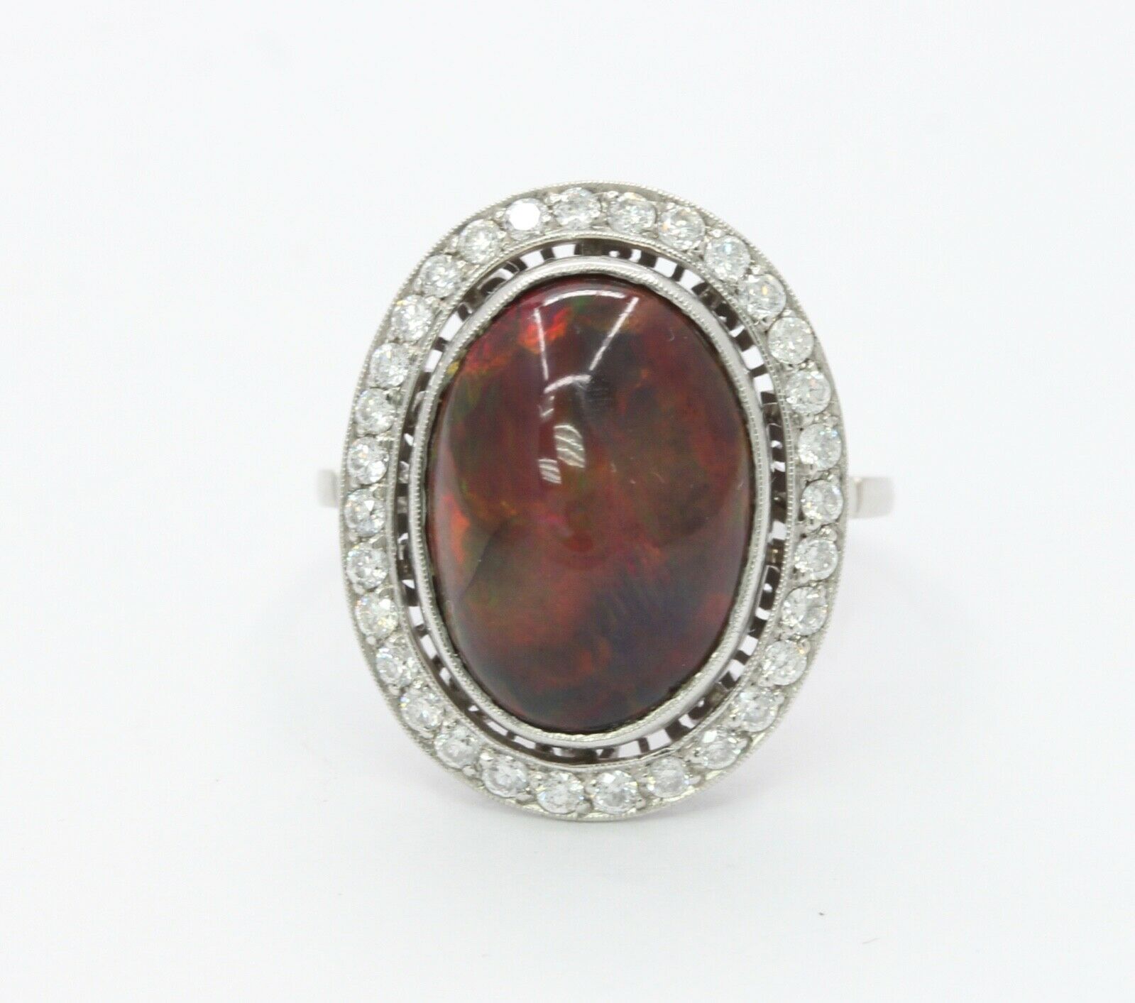 Vintage Ladies Cabochon Opal Diamonds Platinum Ring