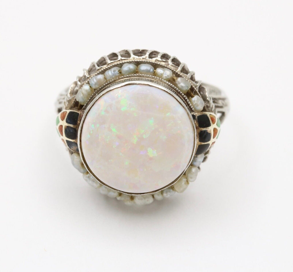 Antique Art Deco 10K White Gold Opal and Pearl Enamel Ring.