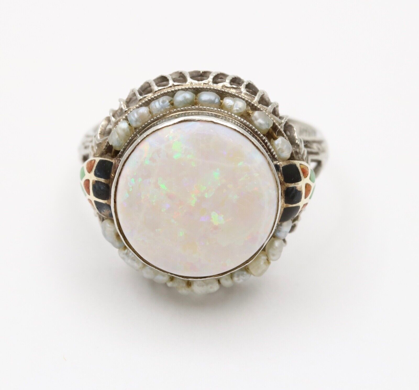 Antique Art Deco 10K White Gold Opal and Pearl Enamel Ring.