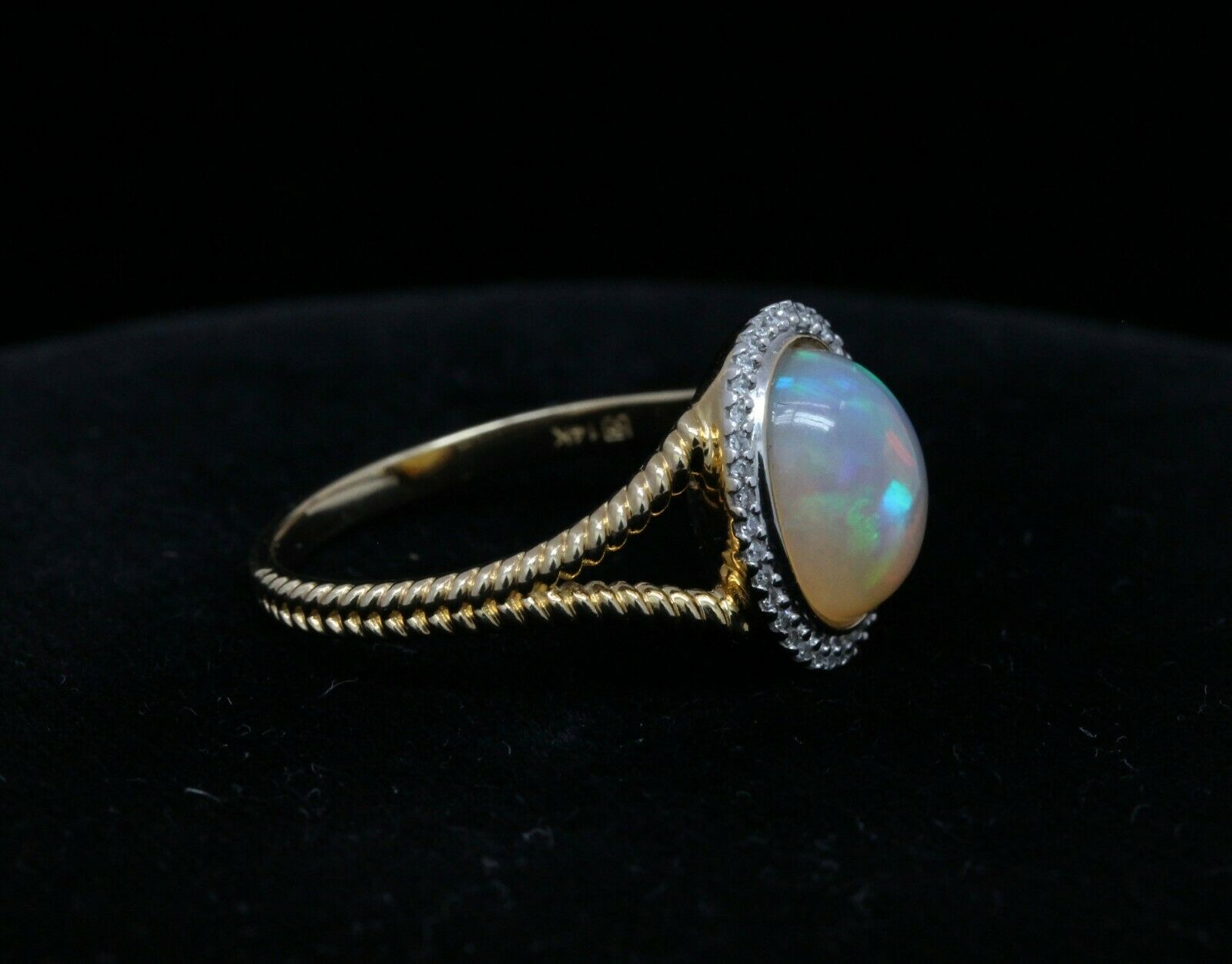 Vintage 14K Yellow Gold Opal and Diamond Halo Ring