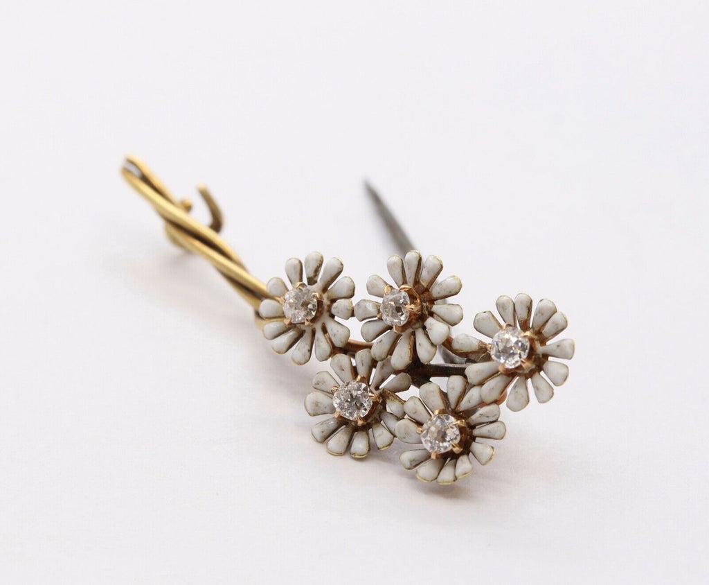 Vintage Diamonds Flowers Enamel 14K Yellow Gold Brooch Pin