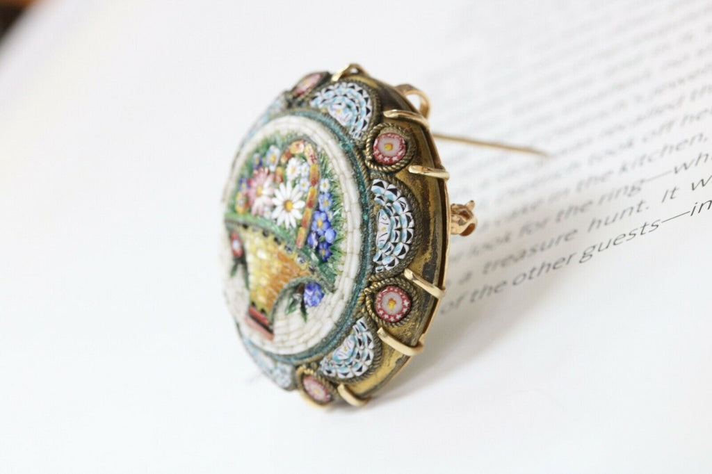 Victorian Revival Italian Micro Mosaic Flower Basket Brooch Pin