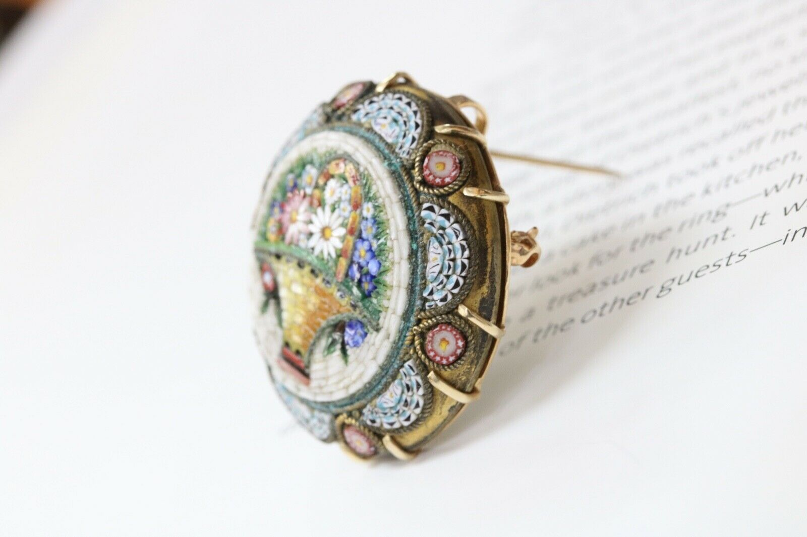 Victorian Revival Italian Micro Mosaic Flower Basket Brooch Pin