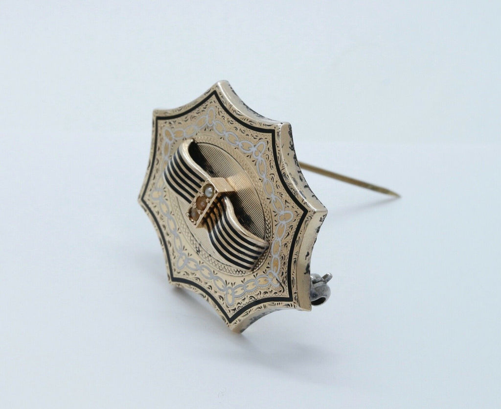 Victorian Mourning 9K Yellow Gold Onyx Enamel Seed Pearls Brooch Pin