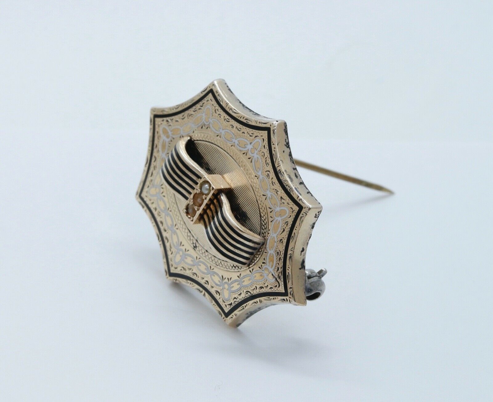 Victorian Mourning 9K Yellow Gold Onyx Enamel Seed Pearls Brooch Pin