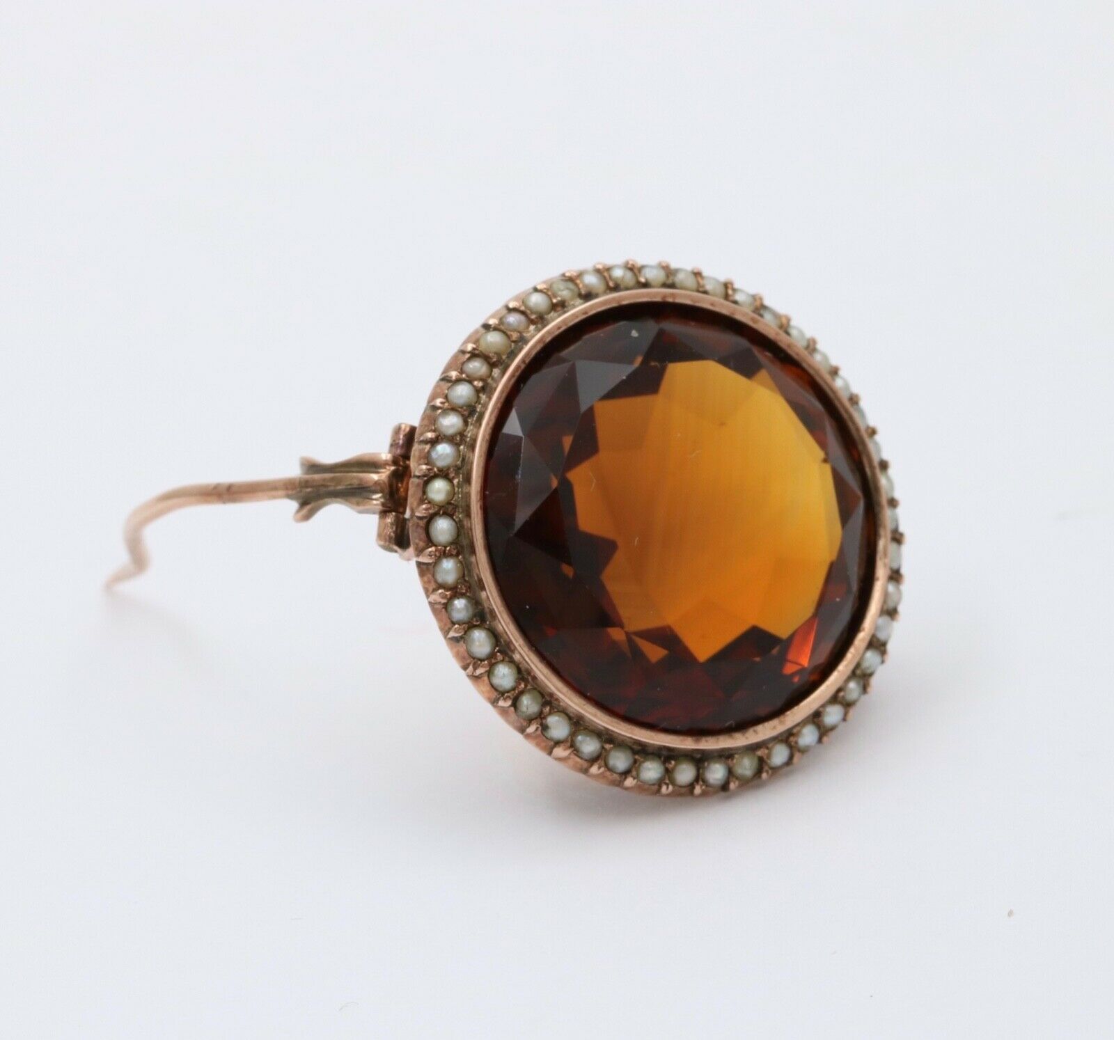 Vintage 14K Rose Gold Madeira Citrine Seed Pearl Halo Brooch.