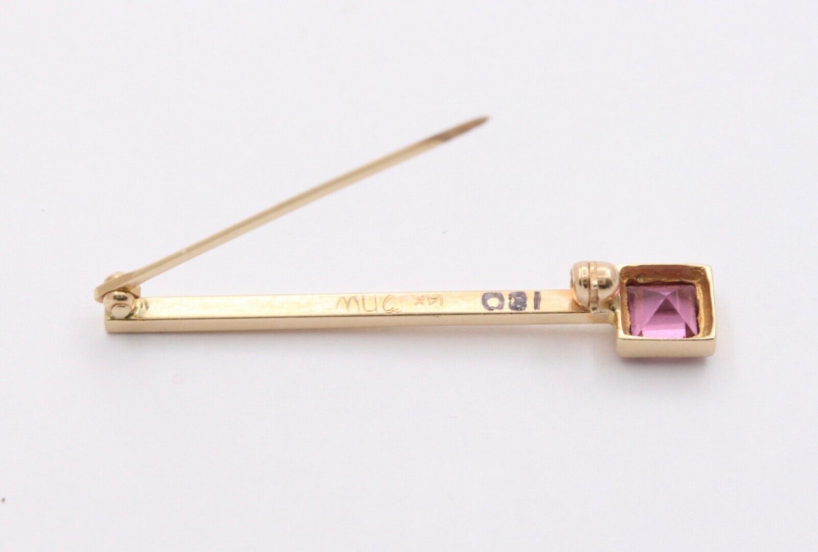 Art Deco Emerald Cut Tourmaline 14K Yellow Gold Brooch Pin