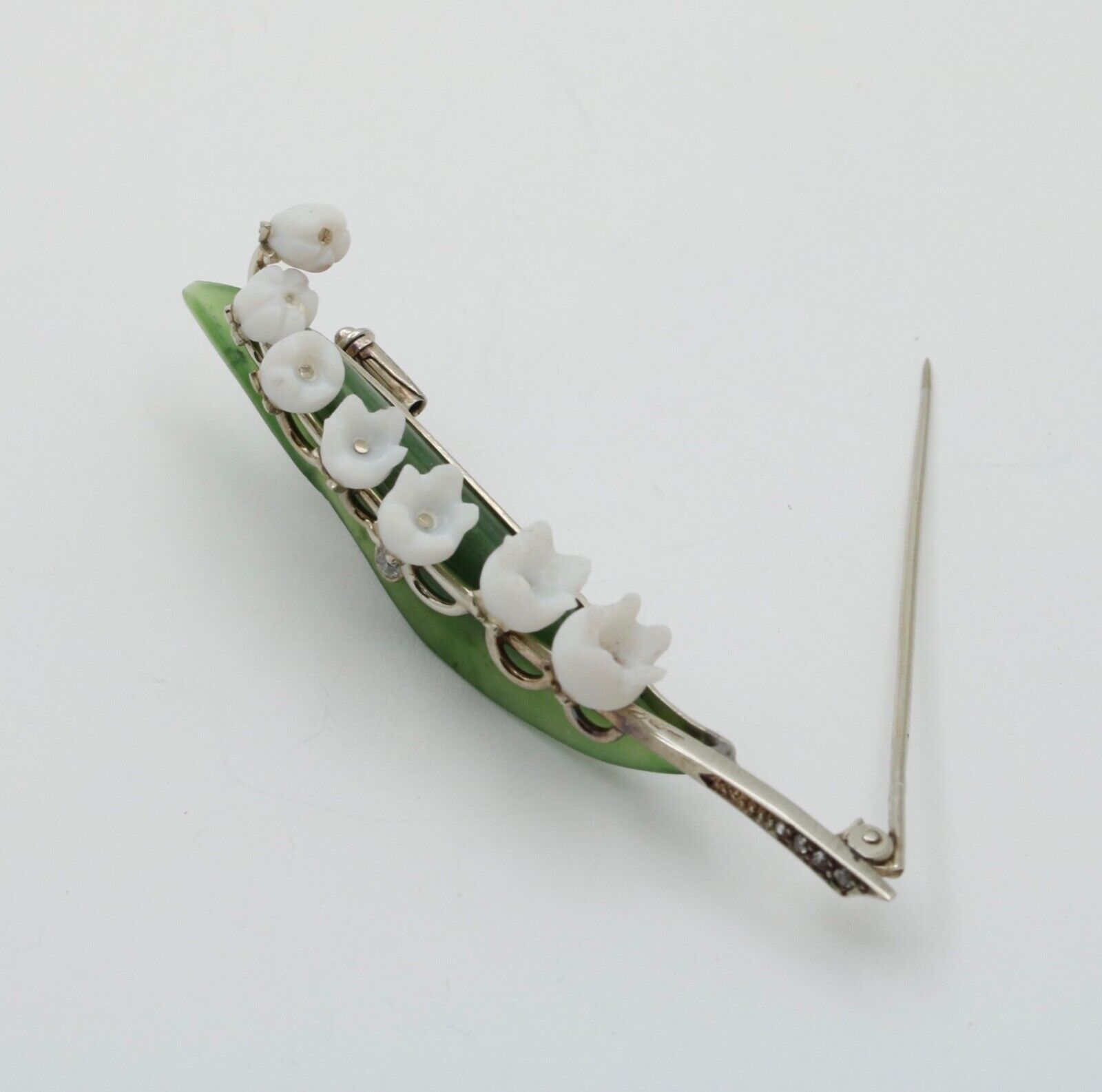 Art Deco Lily of the Valley Jade Rose Cut Diamonds 14K White Gold Brooch Pin