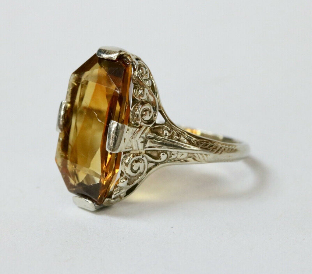 Art Deco Citrine 18K White Gold Filagree Ring