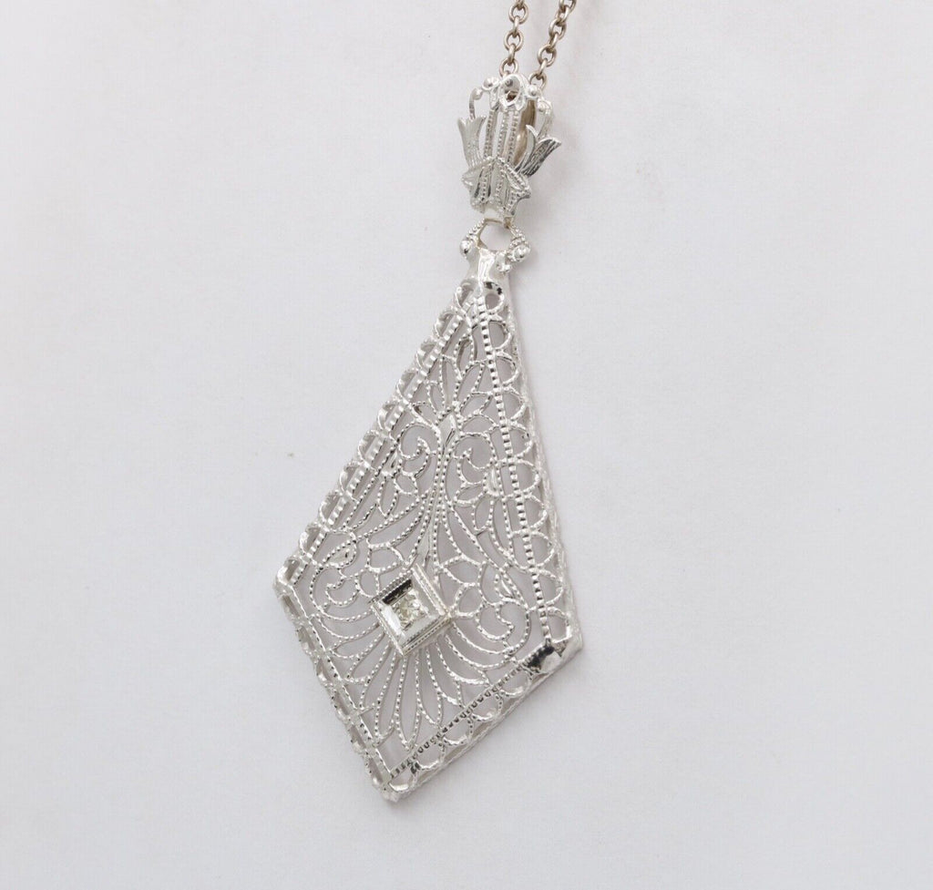 Art Deco 14K White Gold Filigree Diamond Pendant Necklace