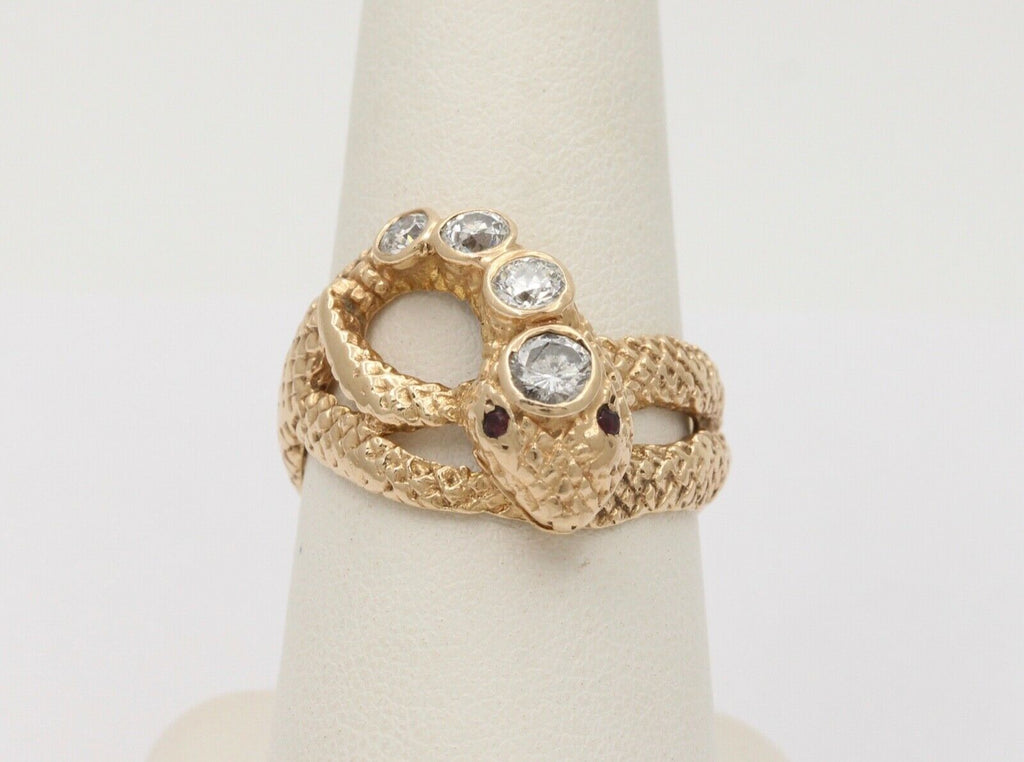 Vintage Snake Diamond Rubies 14K Yellow Gold Ring