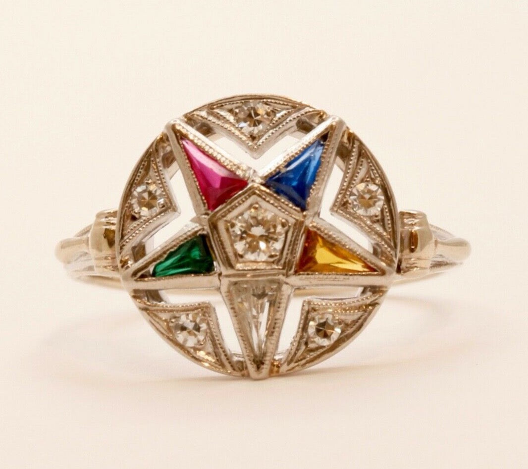 Vintage 14K White Gold Order of The Eastern Star Diamonds Gemstones Ring