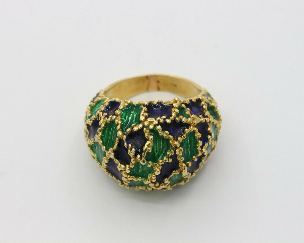 Vintage 18K Gold Blue & Green Enamel Dome Ring