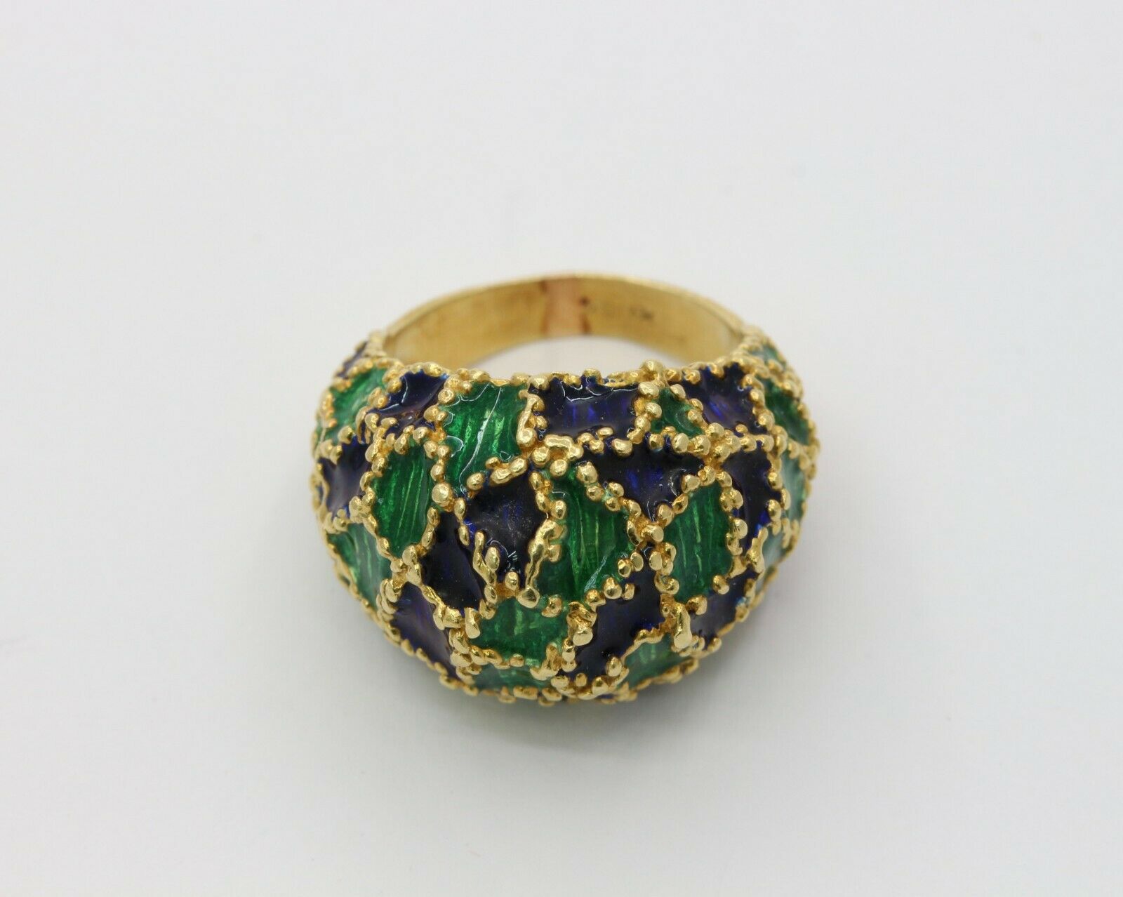 Vintage 18K Gold Blue & Green Enamel Dome Ring