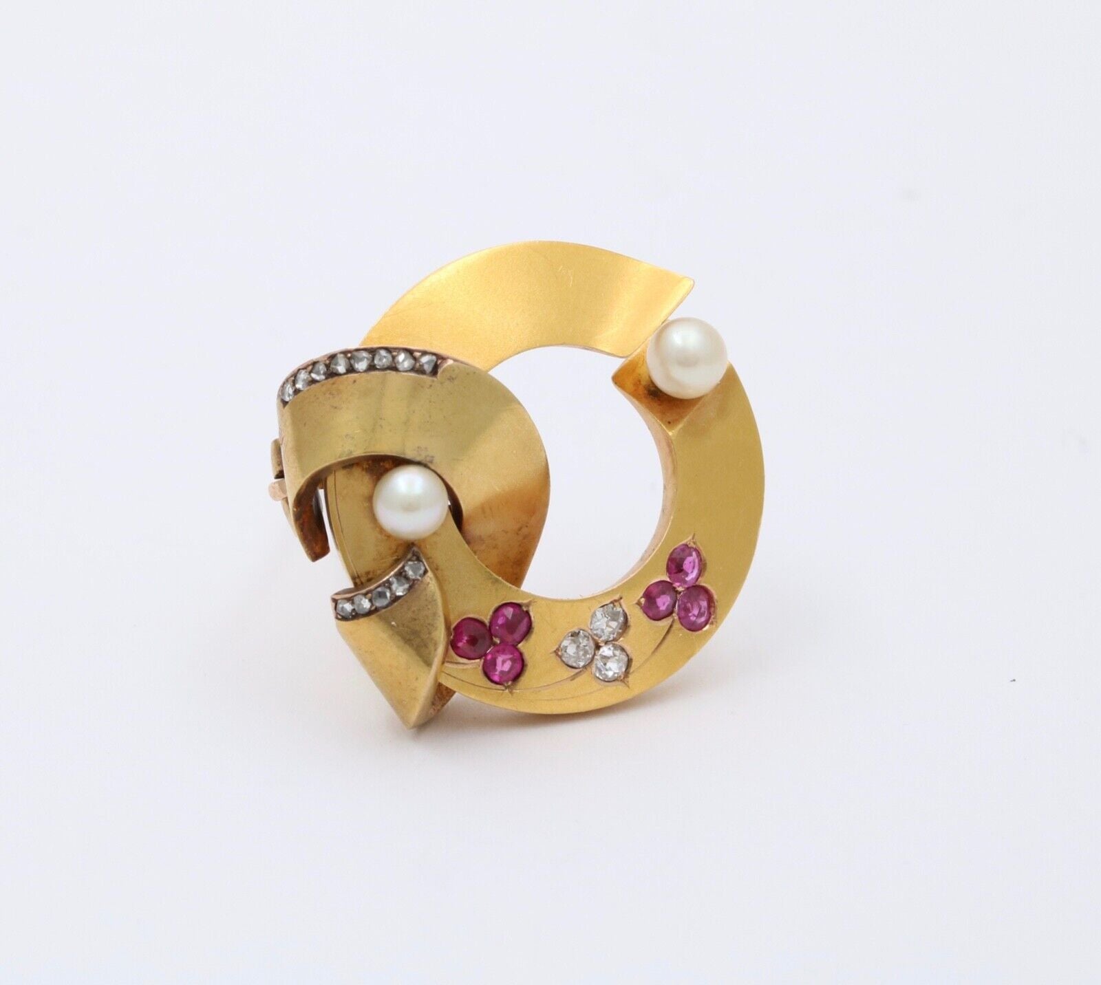 Antique 18K Yellow Gold Diamond Ruby Pearl Ribbon Brooch