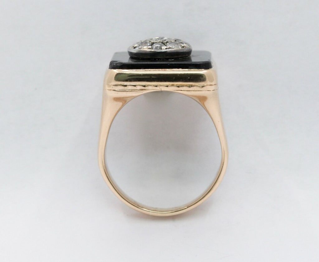 Vintage Unisex Signet Onyx Diamonds 14K Yellow Gold Ring