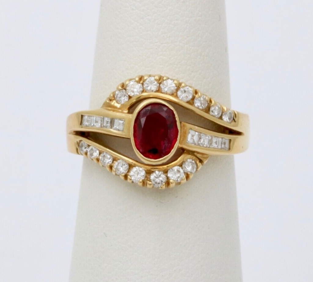 Vintage 18K Yellow Gold Ruby & Diamond Ring, Engagement Ring